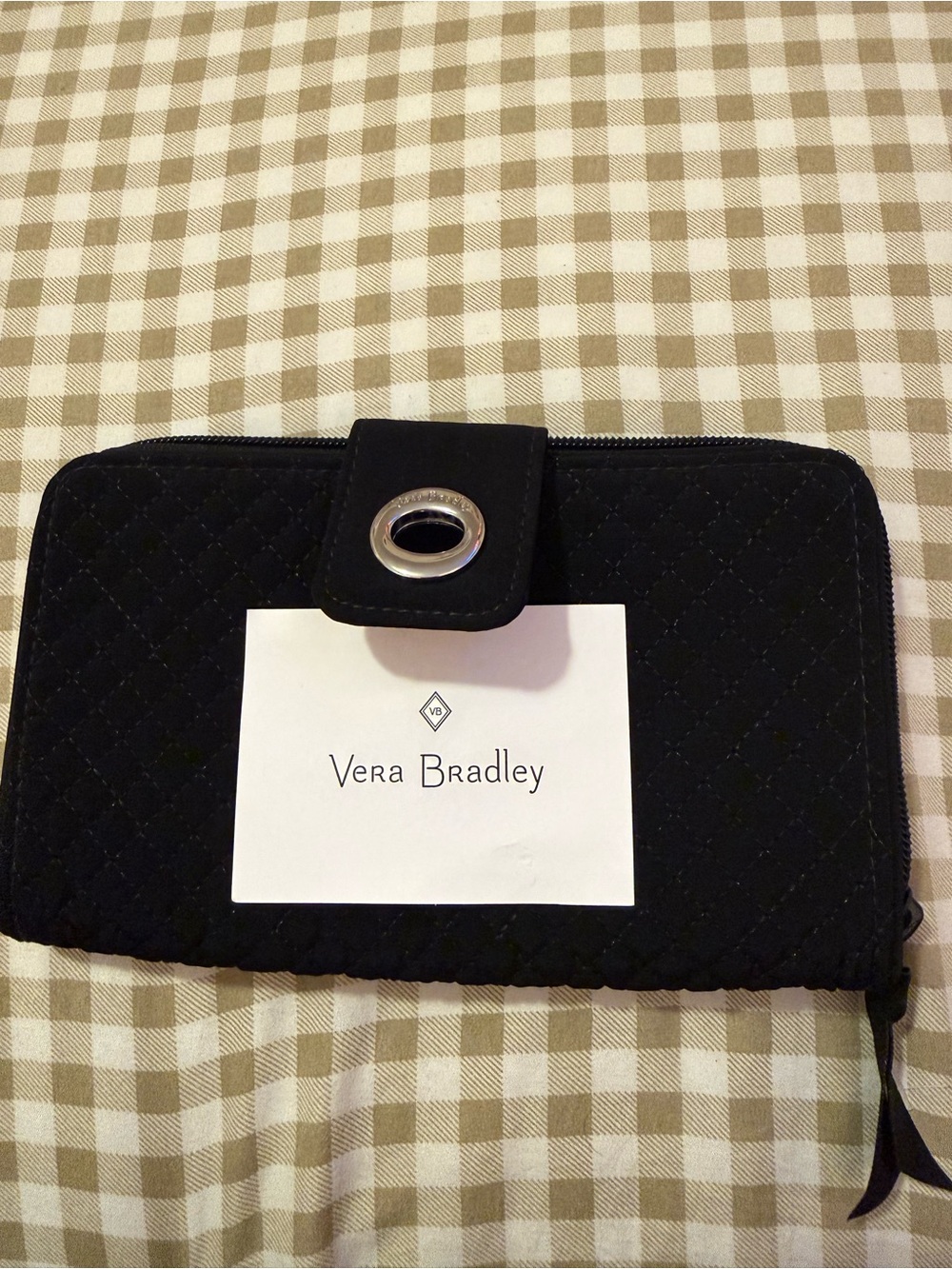 Vera Bradley Black Quilted Zip-Around Wallet with Snap Tab and Grommet
